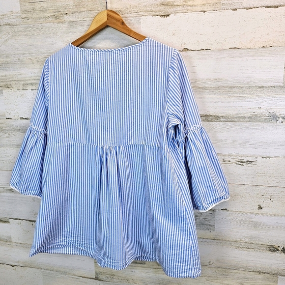 Crown & Ivy Womens Blue White Striped Cotton Top L Boho Chic Embroidered Blouse - Picture 4 of 11